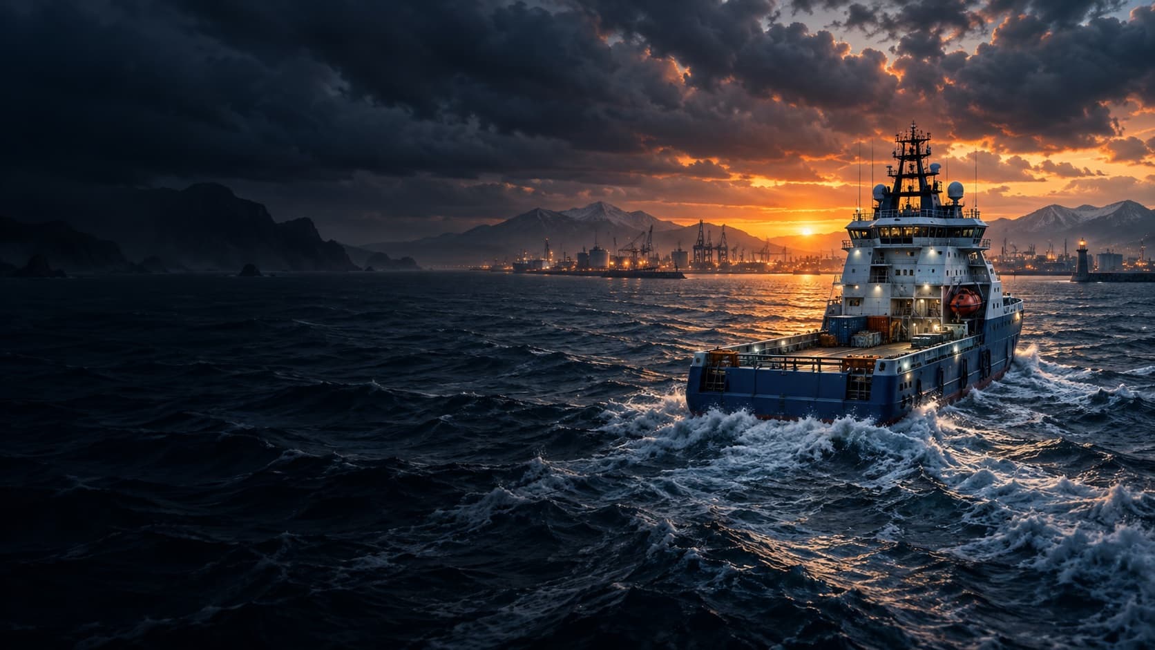 Illustration of a working ship approaching a harbor at dusk